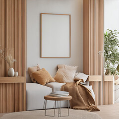 Frame mockup with miror reflect, Big paper size. Living room wall poster mockup. Interior mockup with house background. Modern interior design. 3D render