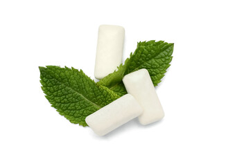 Fresh chewing gums with mint on white background