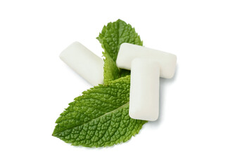 Fresh chewing gums with mint on white background
