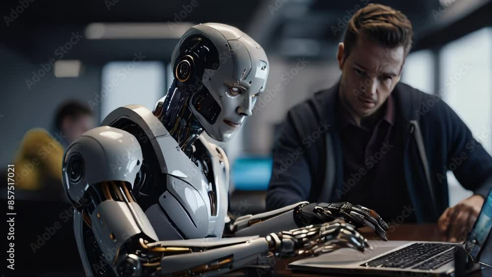 Poster an ai developer beside their creation, capturing the contrast between the human creator and robot