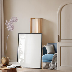 Frame mockup with miror reflect, Big paper size. Living room wall poster mockup. Interior mockup with house background. Modern interior design. 3D render