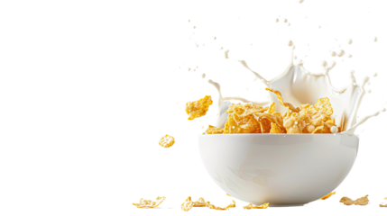 Corn flakes with milk splash on a transparent background