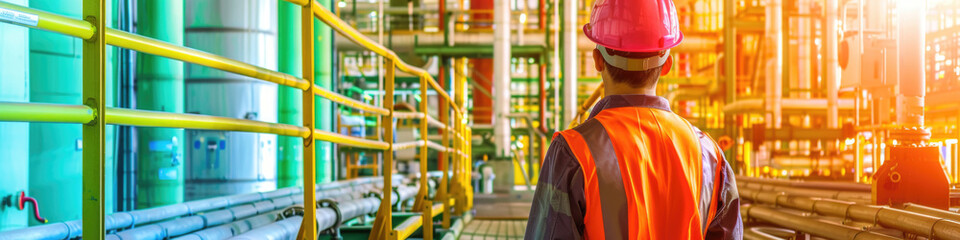 A worker wearing a safety vest and hard hat walks through a chemical plant, with various pipes and equipment visible in the background