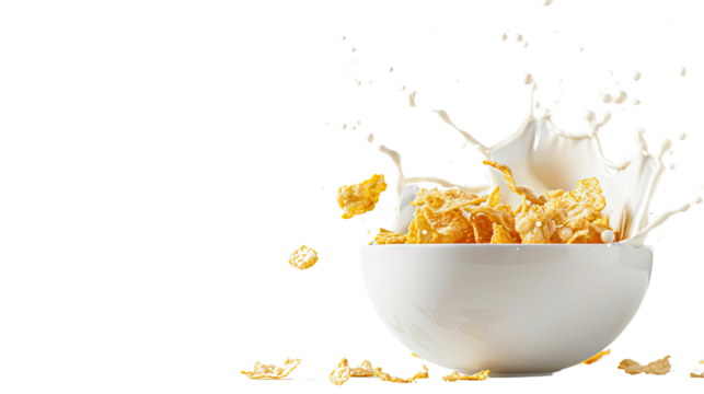 Corn flakes with milk splash on a transparent background