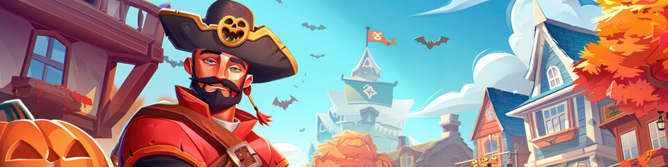 A pirate captain dressed in red and black walks through a town decorated for Halloween. Bats fly overhead, and a carved pumpkin sits at the captains feet