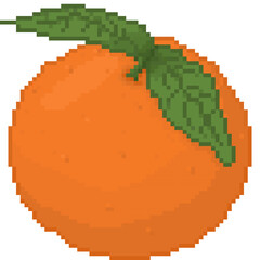 A retro-styled pixel-art illustration of an orange with a leafy green top.