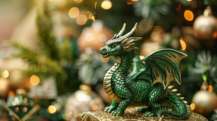 Majestic Green Dragon Figurine with Glowing Background, Generative AI