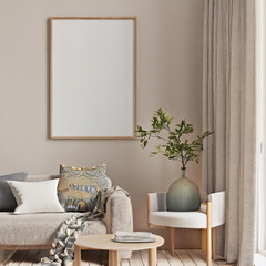 Frame mockup with miror reflect, Big paper size. Living room wall poster mockup. Interior mockup with house background. Modern interior design. 3D render