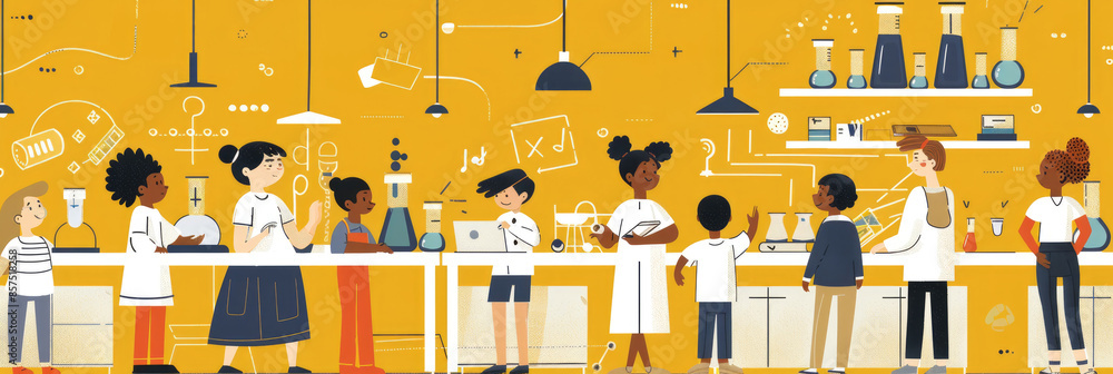 Poster an illustration of a classroom setting with a diverse group of students engaging in science experime