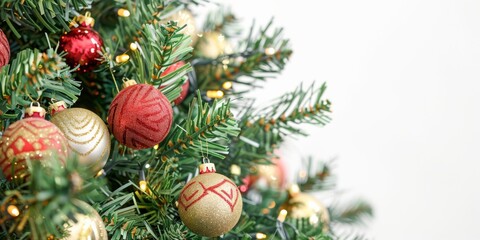 The gorgeous Christmas tree is decked out with stunning baubles and festive ornaments, setting a cozy and joyful holiday ambiance with a blend of sophistication and traditional charm