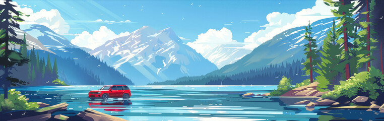 A red car drives through a calm lake in the middle of a mountain range on a sunny day with a blue sky and puffy clouds