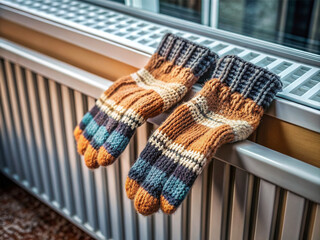 Winter woolen  mittens dry on the heater after getting wet.
