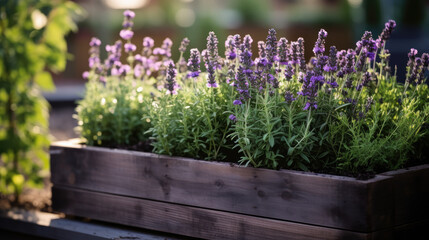 Wooden raised beds in modern urban garden with growing plants flowers herbs spices and vegetables