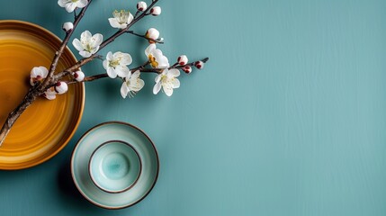 Spring Blossoms with Plates on Turquoise Background