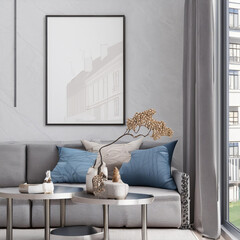 Frame mockup with miror reflect, Big paper size. Living room wall poster mockup. Interior mockup with house background. Modern interior design. 3D render