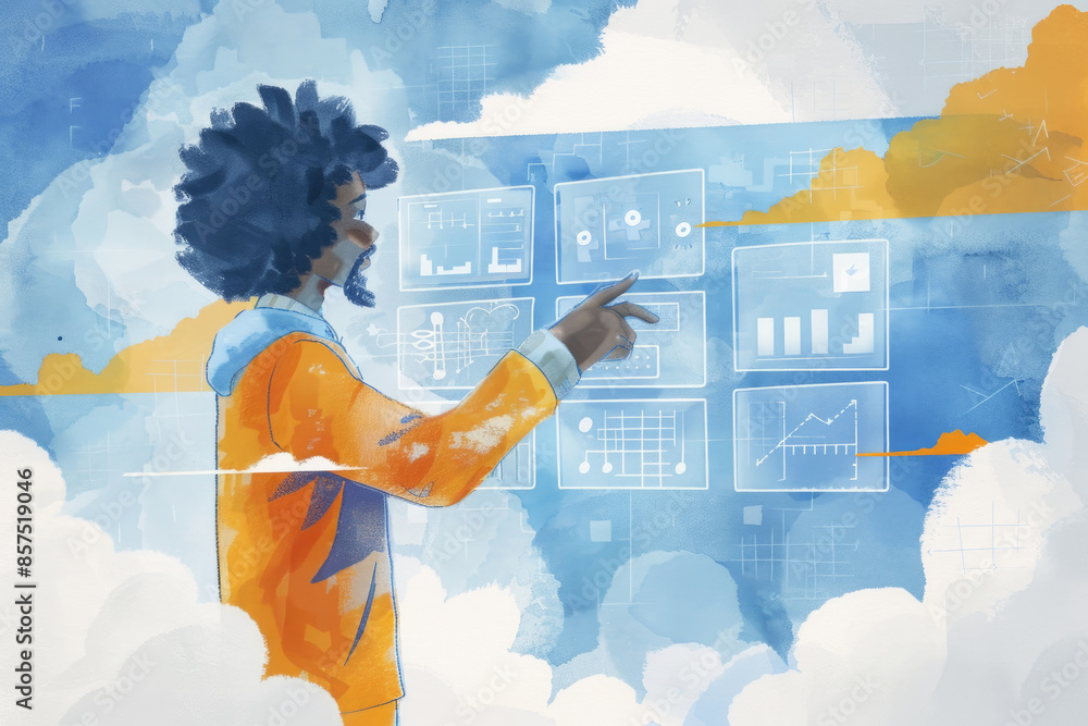 Poster a youth in an orange jacket analyzes data on a digital interface with charts and graphs against a ba