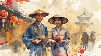 Fototapeta premium A watercolor illustration depicting a man and woman in traditional Asian clothing walking through a city. The image features red lanterns, a pagoda, and a watercolor style