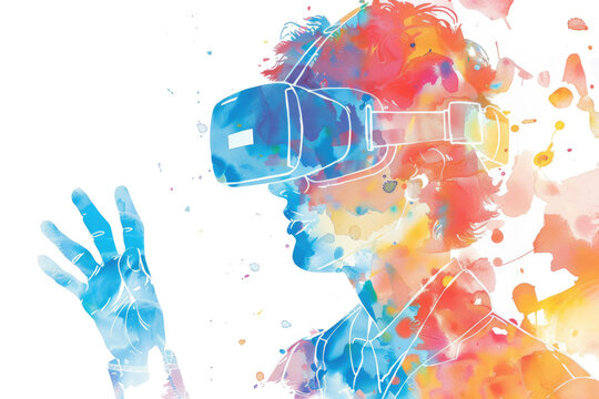 Colorful abstract art depicting person in VR headset against white background. Hand reaching out symbolizes immersive VR experience