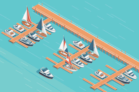 Three-dimensional isometric view showcasing marina pier sailboat and yacht harbor vector illustration