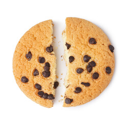 Tasty broken cookie with chocolate chips on white background