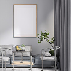 Frame mockup with miror reflect, Big paper size. Living room wall poster mockup. Interior mockup with house background. Modern interior design. 3D render