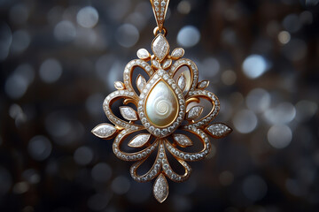 Fototapeta premium A luxurious image of a golden jewelry pendant adorned with nacre and diamonds, set against a dark background