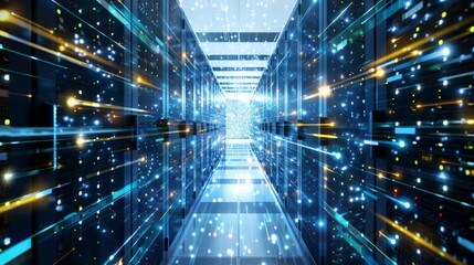 Server room data center with bright glowing lights 3D rendering toned image