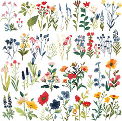 Obraz premium Watercolor wildflowers and leaves illustration set,,Beautiful floral set with watercolor hand drawn,Stock illustration,wild plants, flowers. Garden, meadow,