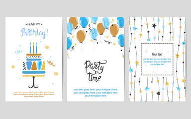 Happy Birthday cards set in blue and golden colors. Celebration vector posters with birthday cake and balloons