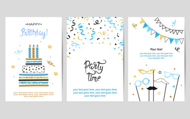 Happy Birthday cards set in blue and golden colors. Celebration vector posters with birthday cake and confetti