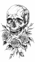 A skull with roses is drawn on a white background. The skull is surrounded by roses, which gives the image a romantic and eerie vibe