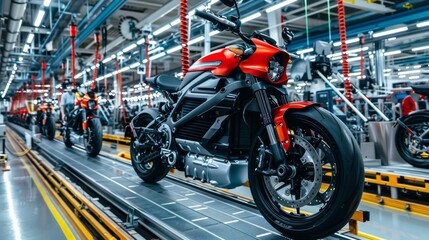 Rear view of a motorcycle on a conveyor belt in a workshop