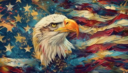 Fototapeta premium The bald eagle is depicted in the center of an American flag, with its head and wings spread wide against a backdrop of stars and stripes Generative AI