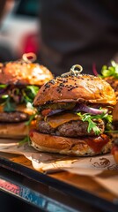 Close-up of gourmet cheeseburgers with toppings on wooden platter, summer barbecue food concept