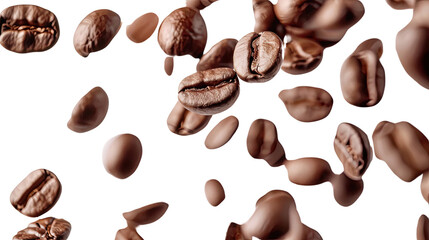 Coffee beans floating on a transparent background
