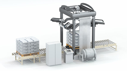 Stretch hood machine on a white background. Automatic pallet packaging line. 3D rendering