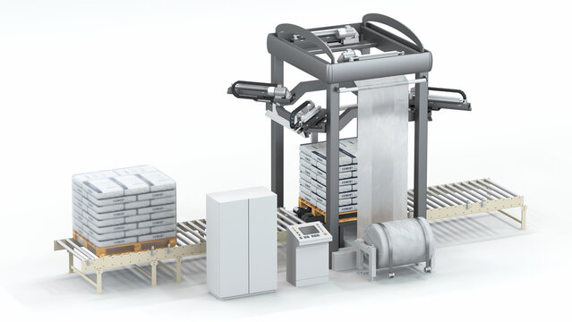 Stretch hood machine on a white background. Automatic pallet packaging line. 3D rendering