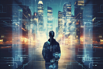 cybersecurity concept. Futuristic double exposure. Unknown man and city overlayed with data. High quality photo