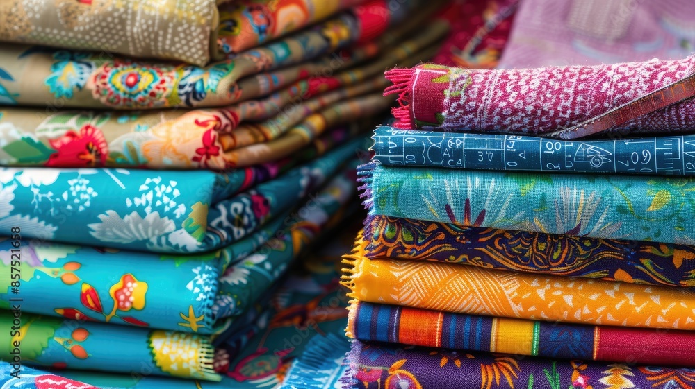 Poster brightly colored fabrics with various intricate patterns stacked in piles