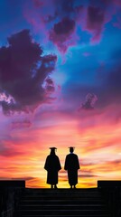 Graduates standing on stairs with colorful sunset sky