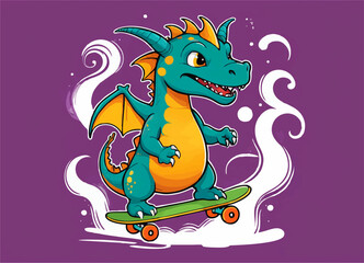 Fototapeta premium Vector design for children's t-shirt. Green cute dragon on skateboard. Pattern for textiles, paper, fabric, clothing for boy in cartoon style.