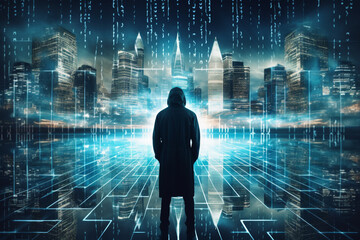cybersecurity concept. Futuristic double exposure. Unknown man and city overlayed with data. High quality photo