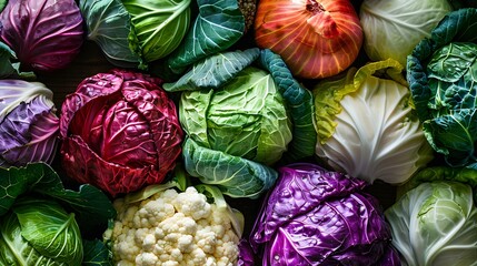 Colorful veggie background. Horizontal wallpaper full of cabbages. Local product and harvest season