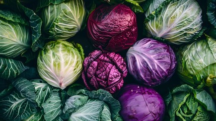 Colorful veggie background. Horizontal wallpaper full of cabbages. Local product and harvest season