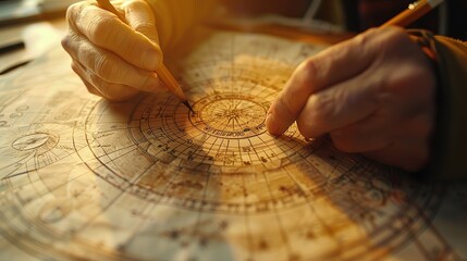 An_astrologer_draws_with_a_pencil_on_a_natal_chart. generative ai image