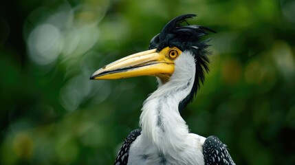 Bird with white and black feathers holding dignity with a yellow beak Background is blurry green