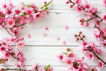 Naklejka premium spring background, cherry flower on the white wood background. High quality photo