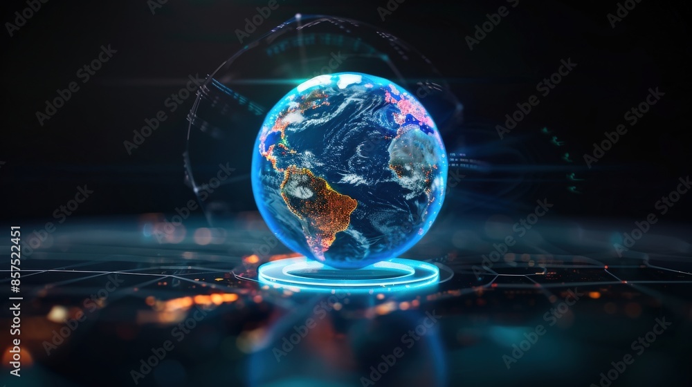 Poster a globe with a network of lines surrounding it. the globe is surrounded by a blue and white light