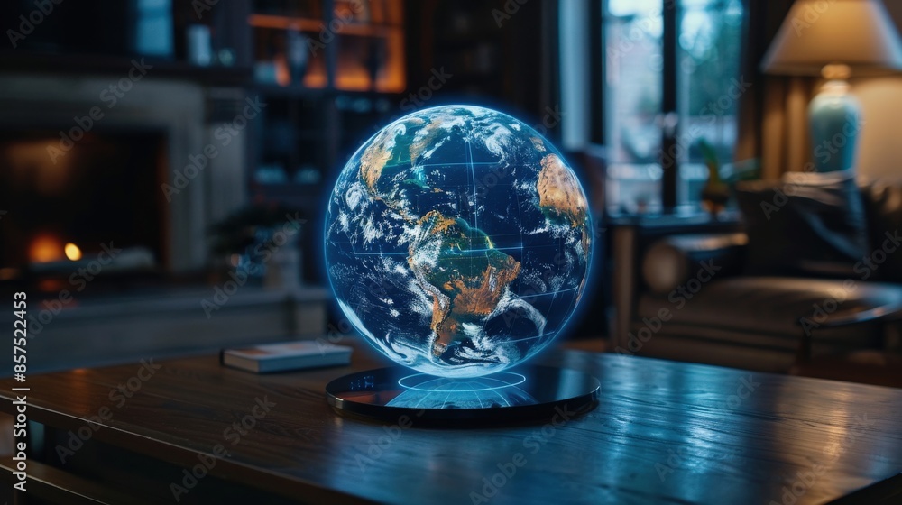 Poster a globe with a network of lines surrounding it. the globe is surrounded by a blue and white light