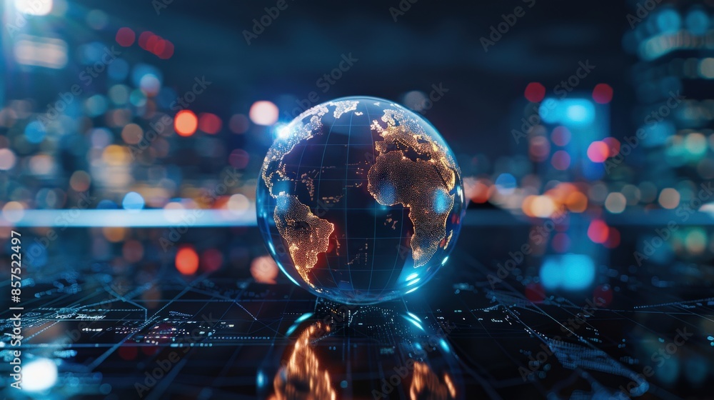 Poster a globe with a network of lines surrounding it. the globe is surrounded by a blue and white light